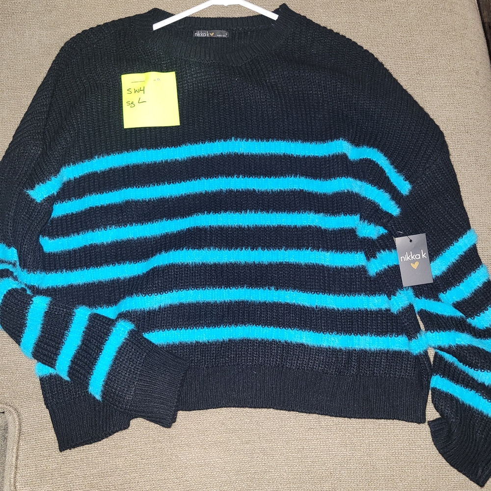 Sw4 New Nikkak Black and Turquoise Striped Sweater
